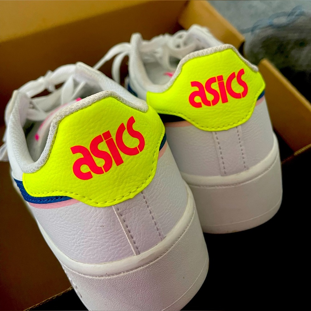 Worn once, women’s size 10, Asics, neon green, hot pink, purple & white